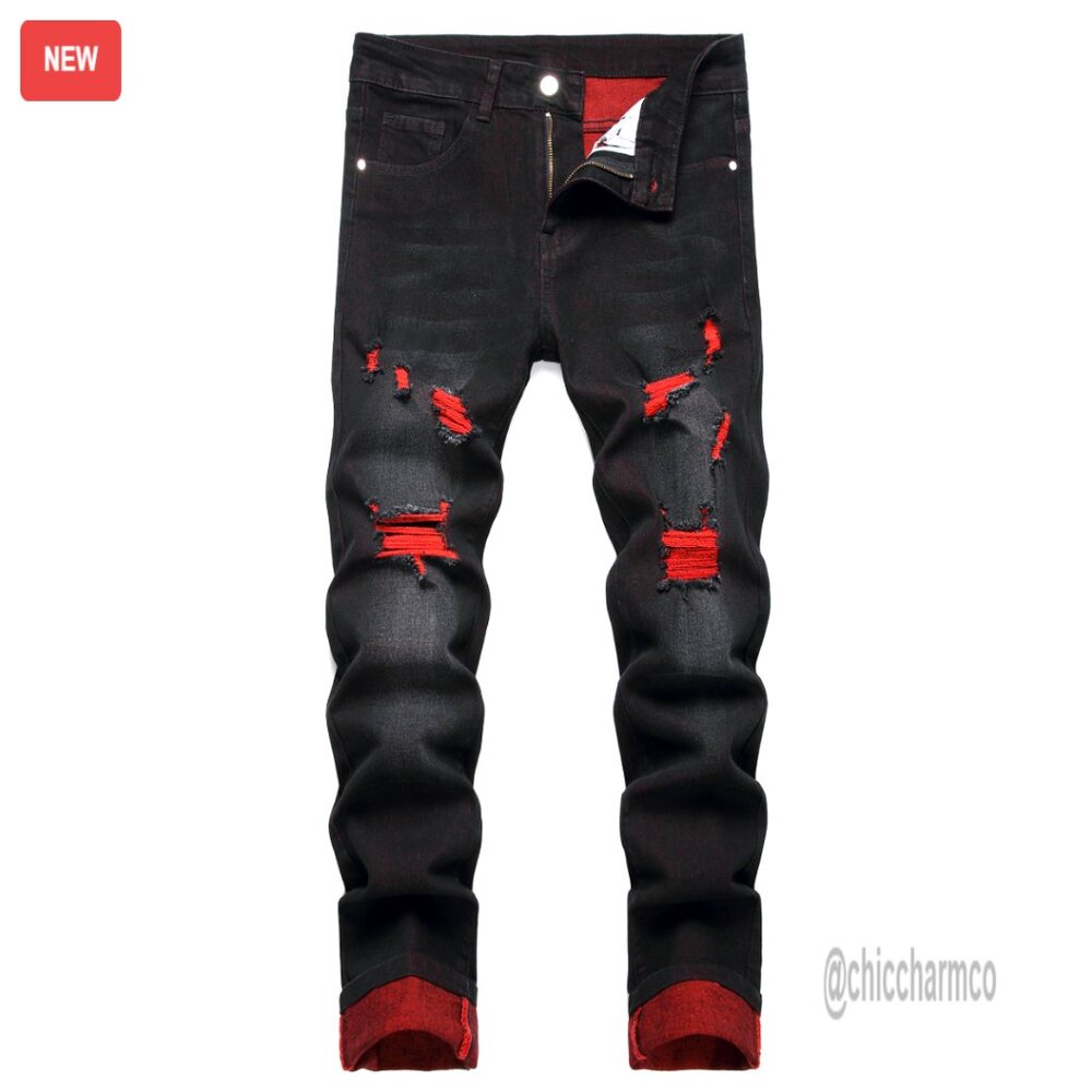 Slim Fit Stretch Jeans Ripped Distressed Straight Leg Comfort Flex Waist
